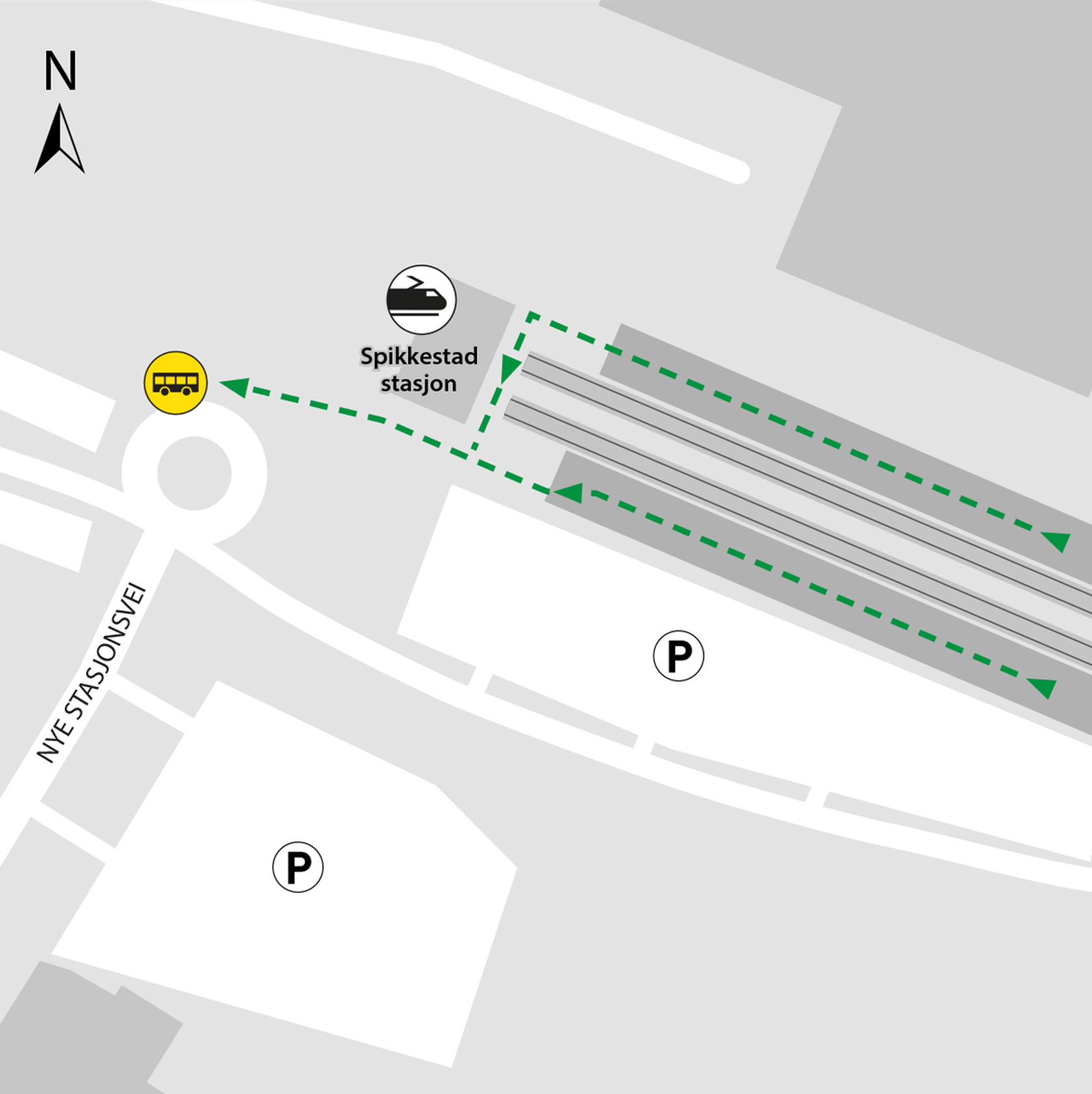 Kartet viser at bussene kjører fra rundkjøringen ved parkeringsplassen.