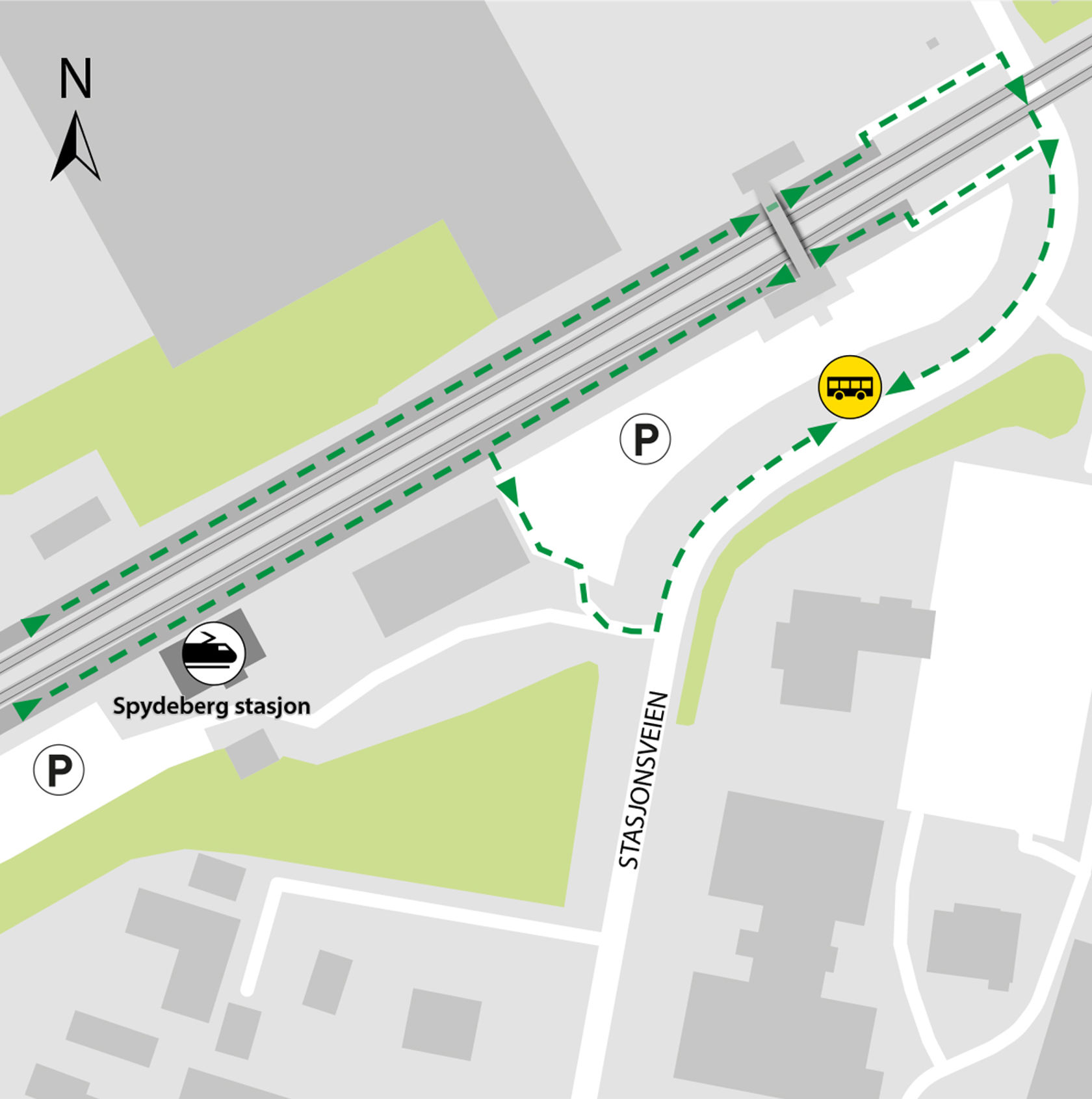 Kartet viser at bussene kjører fra bussholdeplassen Spydeberg stasjon.