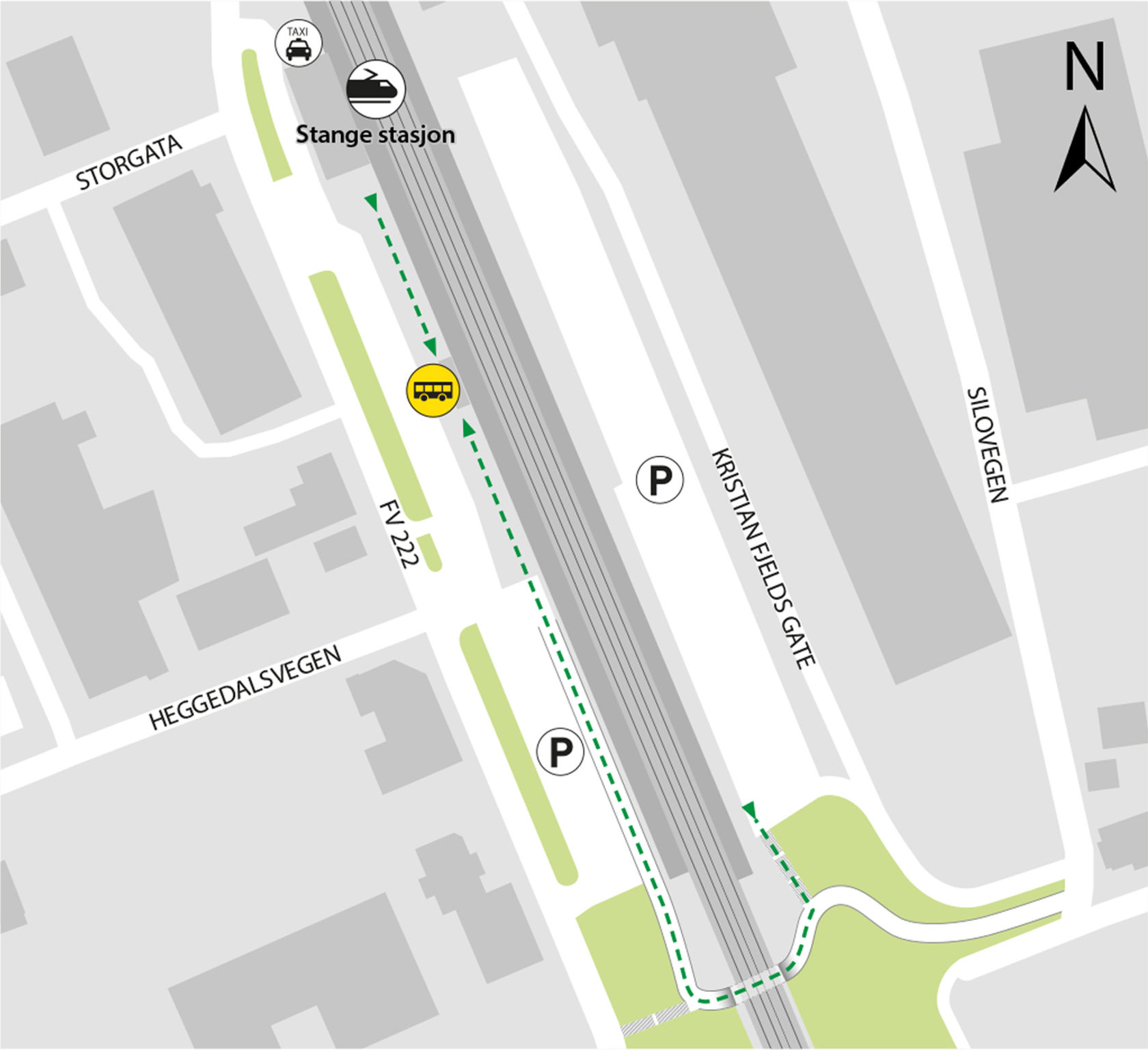 Map shows rail replacement service departs from bus stop at Stange public transport station.