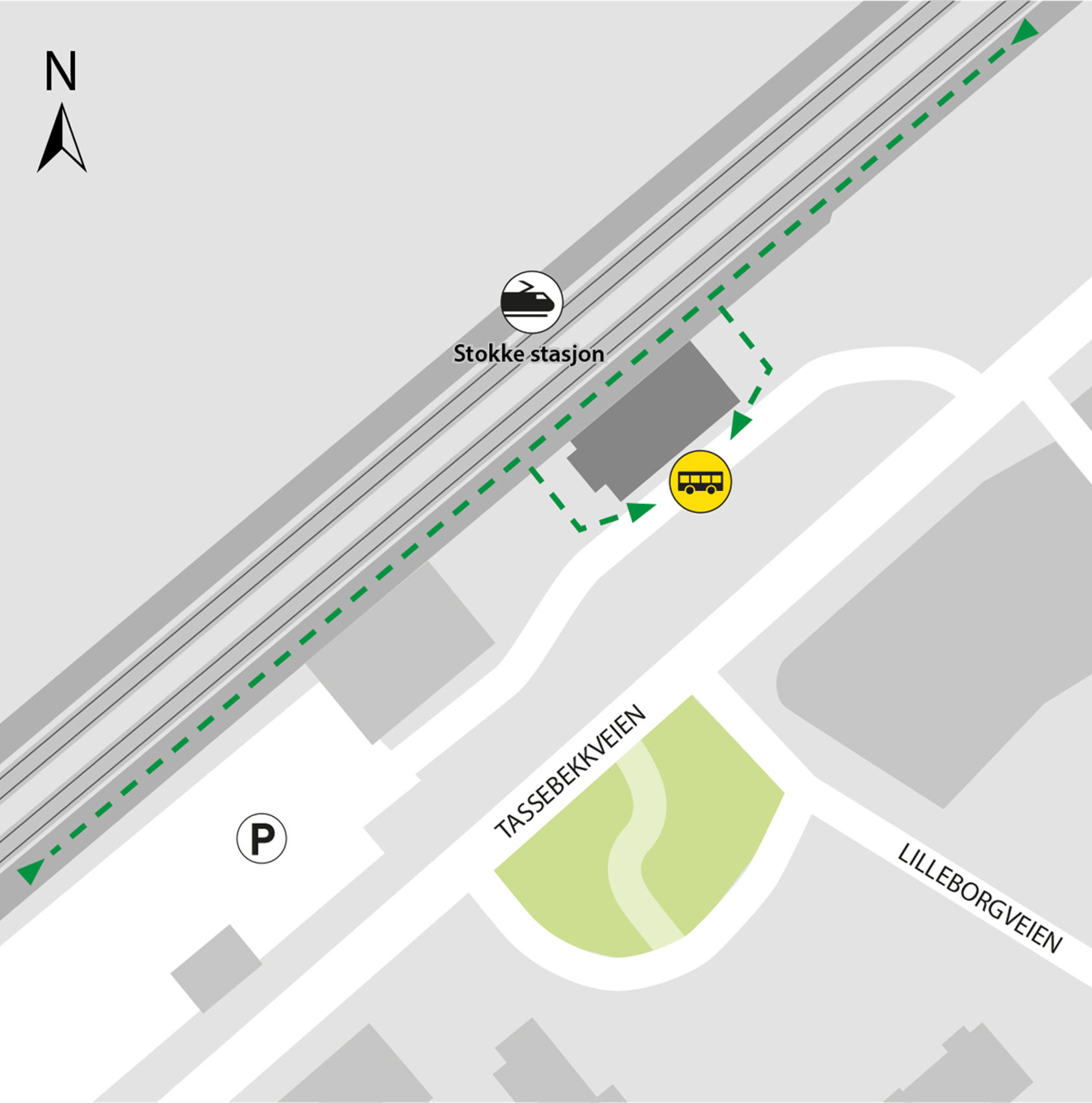 Kartet viser at bussene kjører fra området foran stasjonsbygget. 