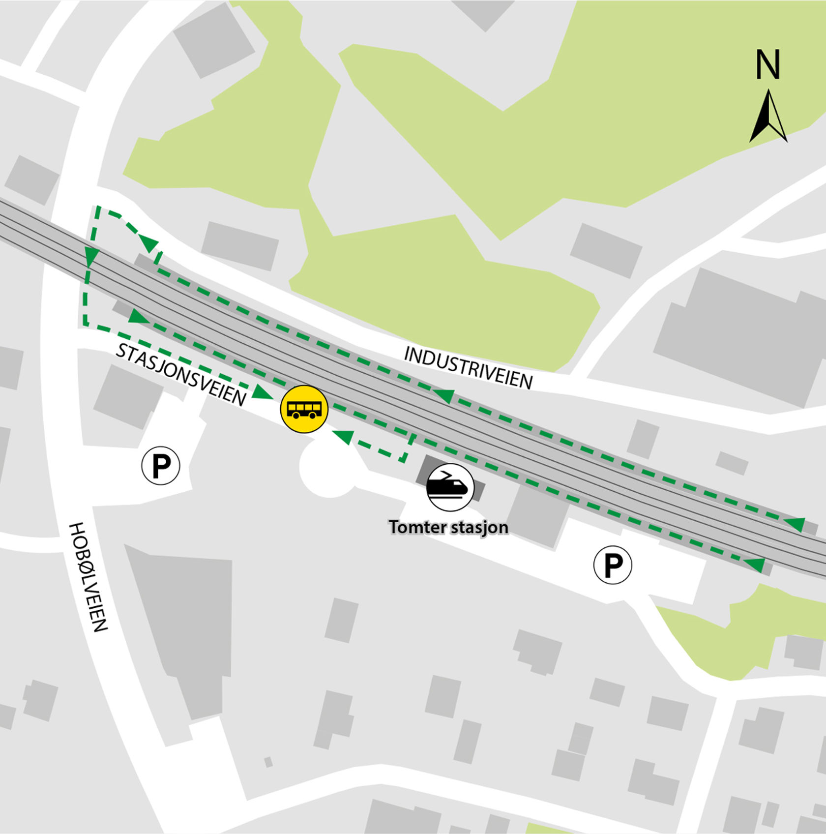 Map shows rail replacement service departs from bus stop Tomter station. 