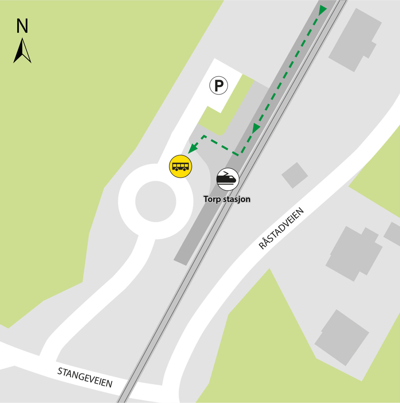 Kartet viser at du kan benytte shuttlebuss til Torp Lufthavn for overgang til buss for tog. 