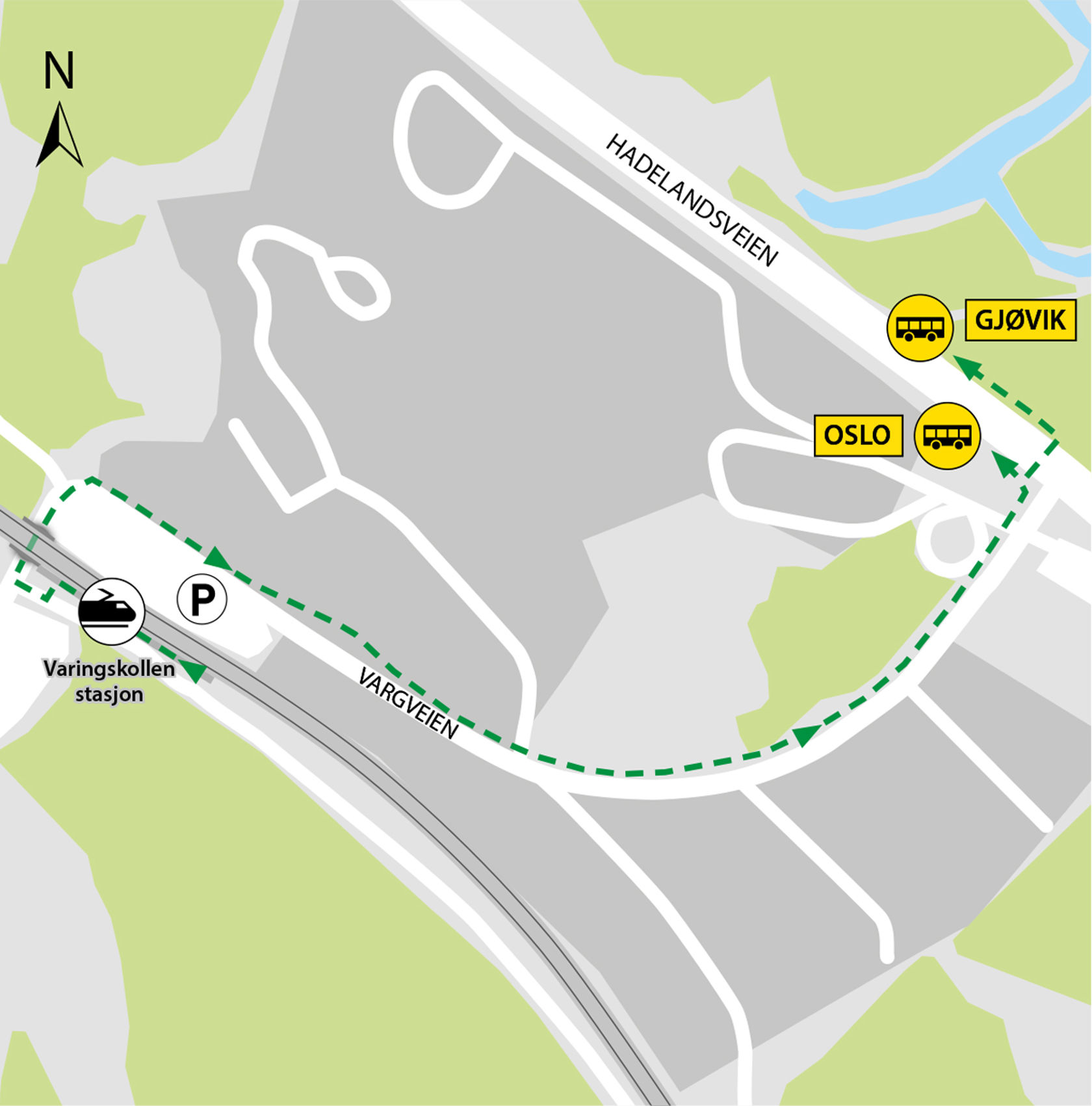 Map shows rail replacement service departs from bus stop "Varingskollen" in Hadelandsveien ved RV4.