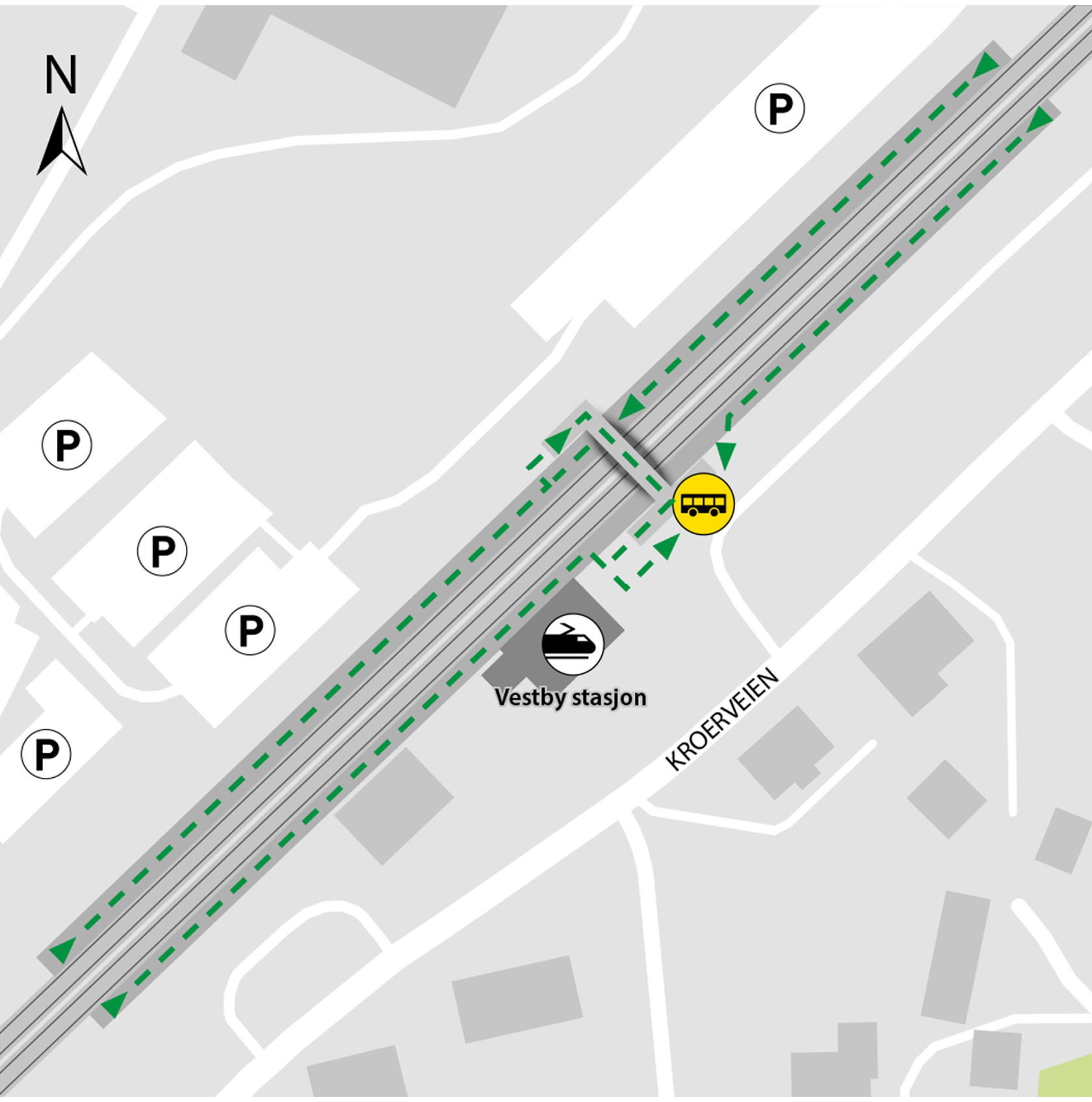 Kartet viser at bussene kjører fra bussholdeplassen ved stasjonsbygget.
