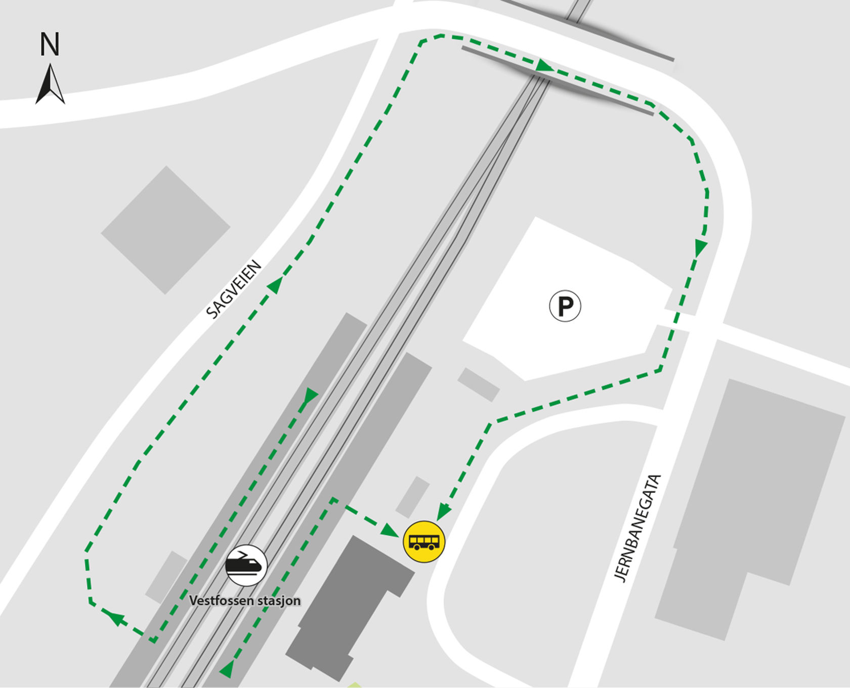 Map shows rail replacement service departs from Vestfossen station bus stop.