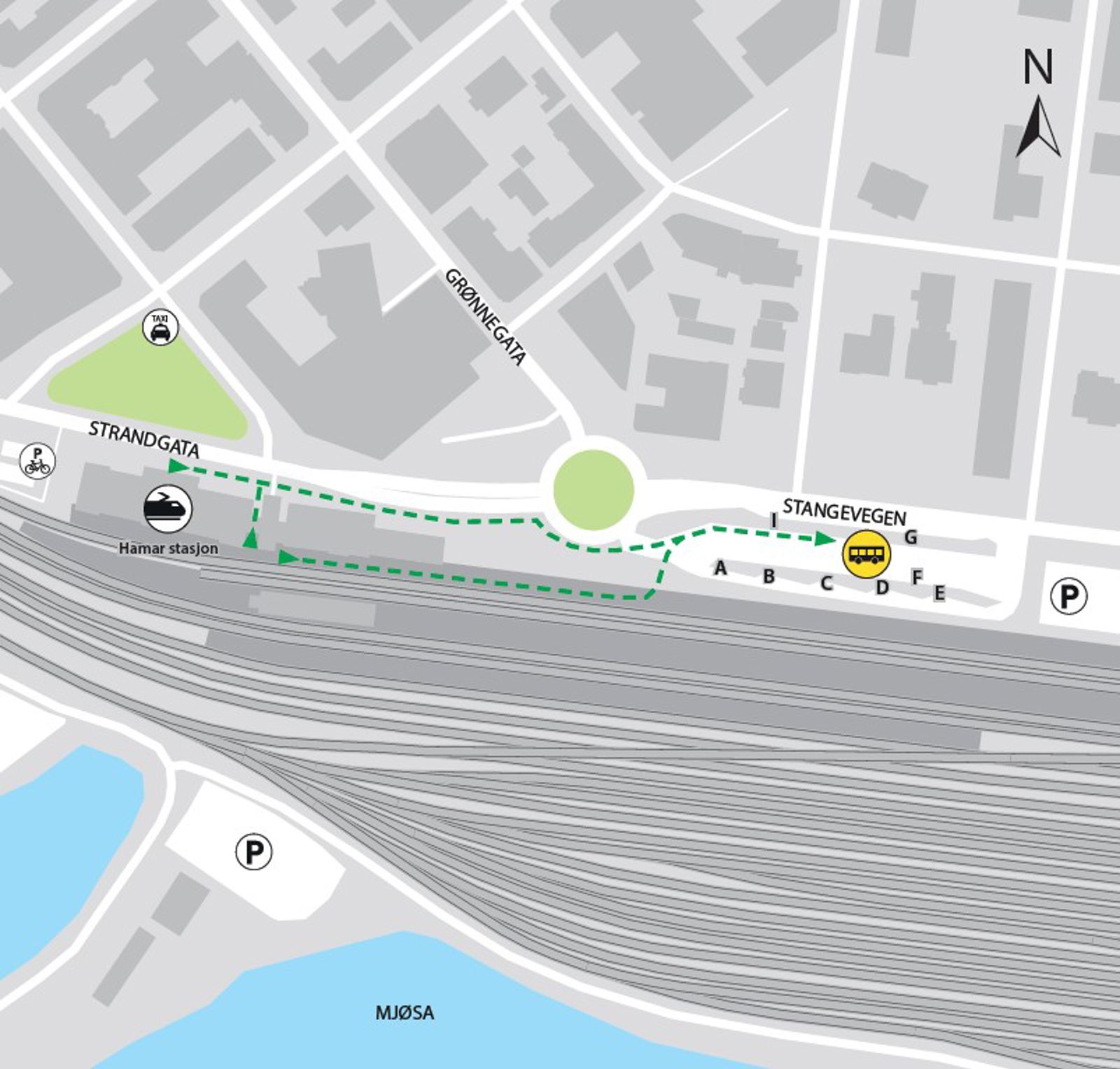 Maps shows rail replacement service departs from bus stop at Hamar bus station
