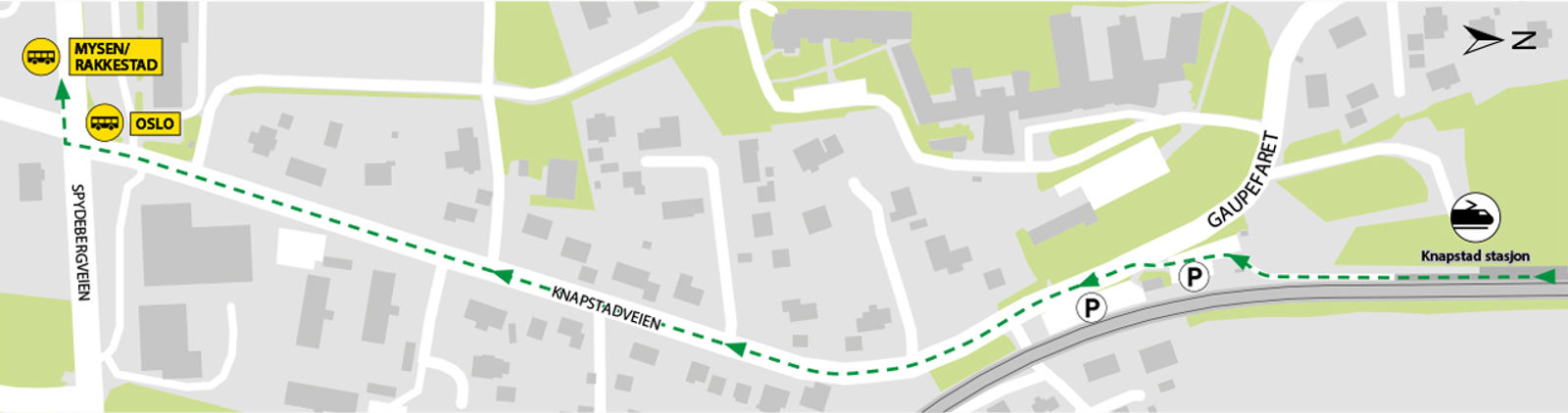 Map shows rail replacement service departs from bus stops Knapstad located in Spydebergveien. 