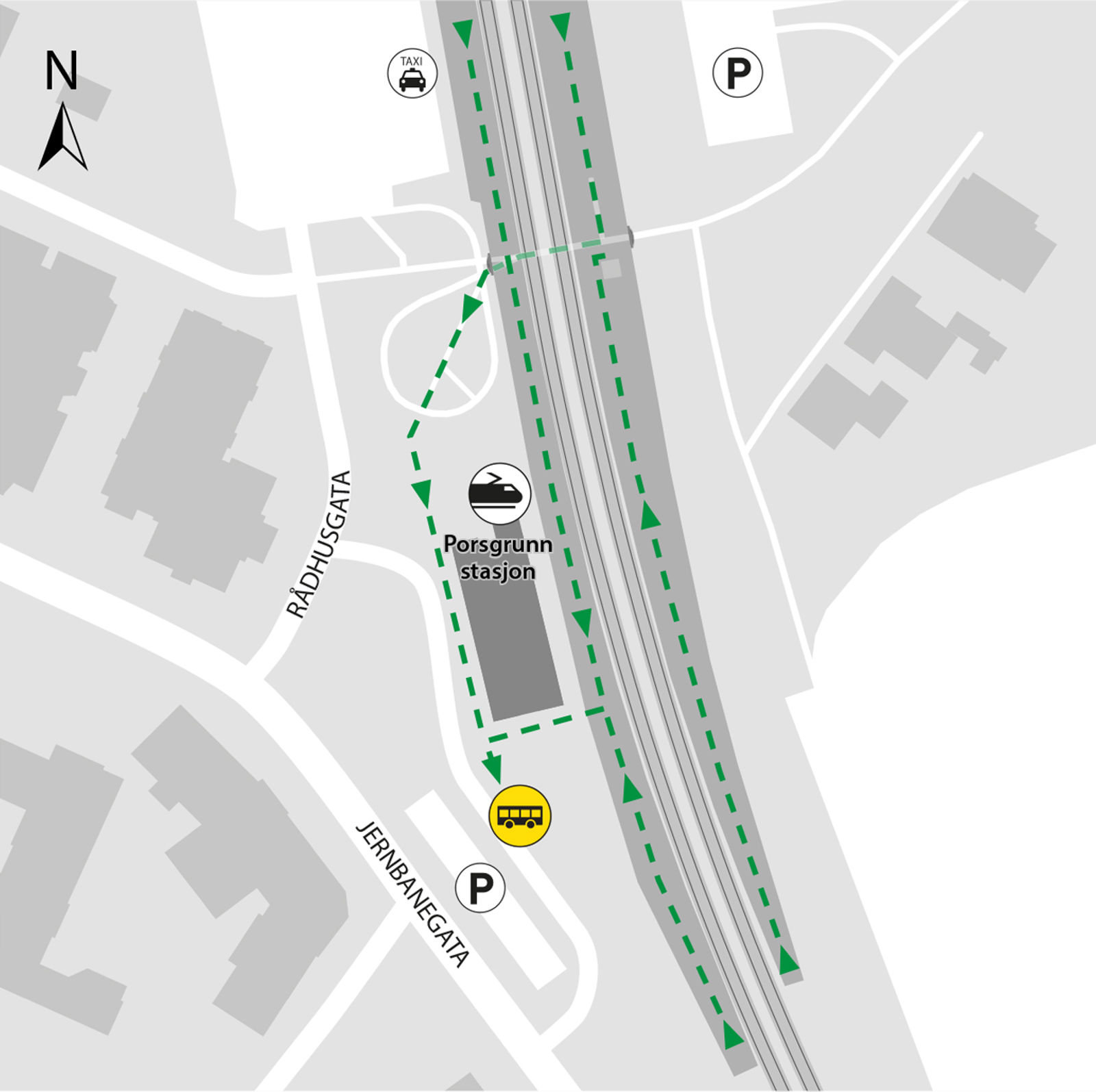 Map shows rail replacement service departs from bus stop in front of Porsgrunn station.