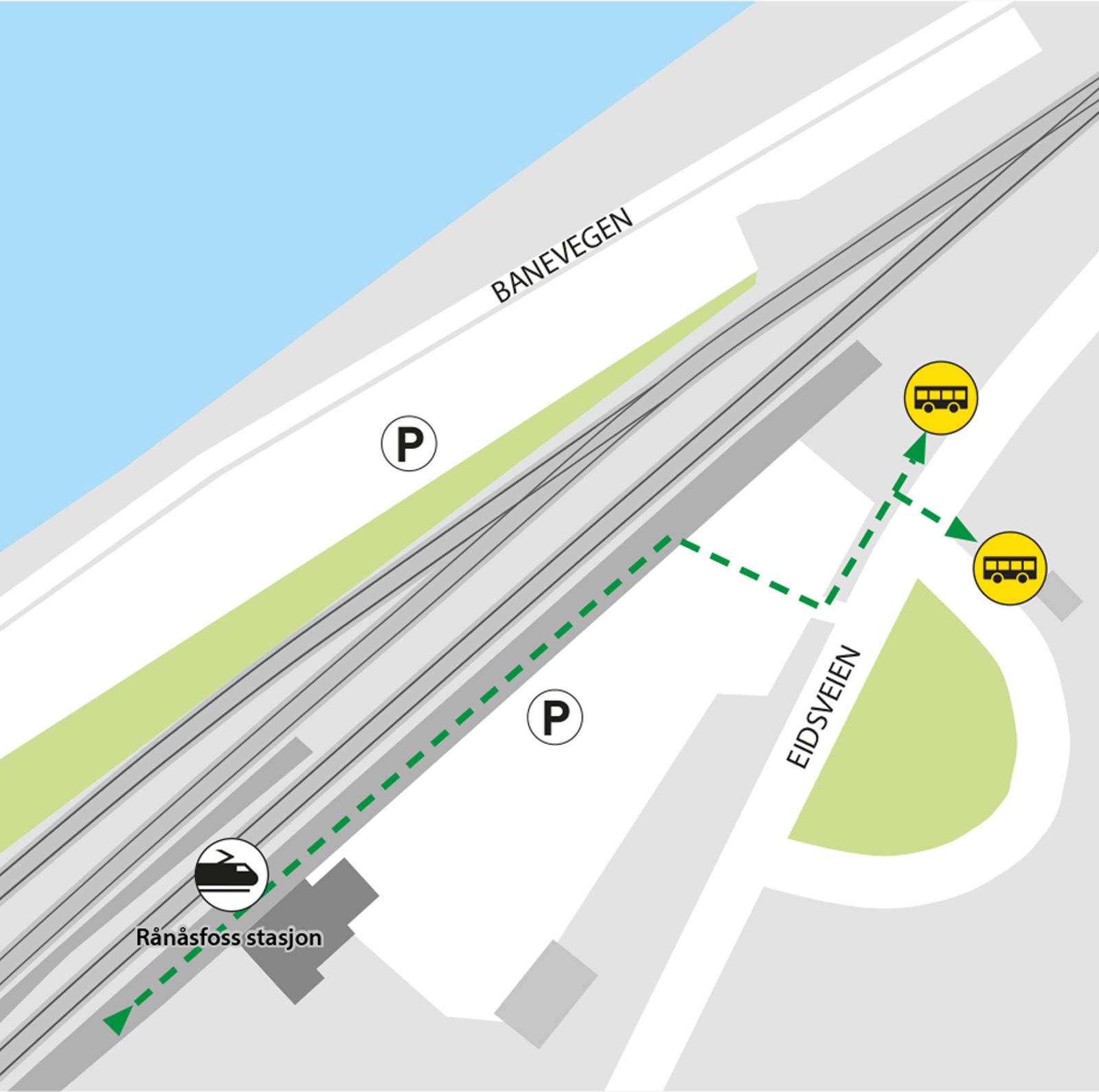 Kartet viser at Bussene kjører fra bussholdeplassene Rånåsfoss stasjon.