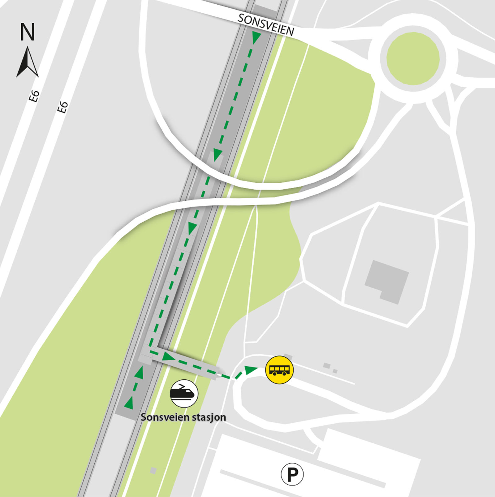 Map show rail replacement service departs from bus stop Sonsveien station. 